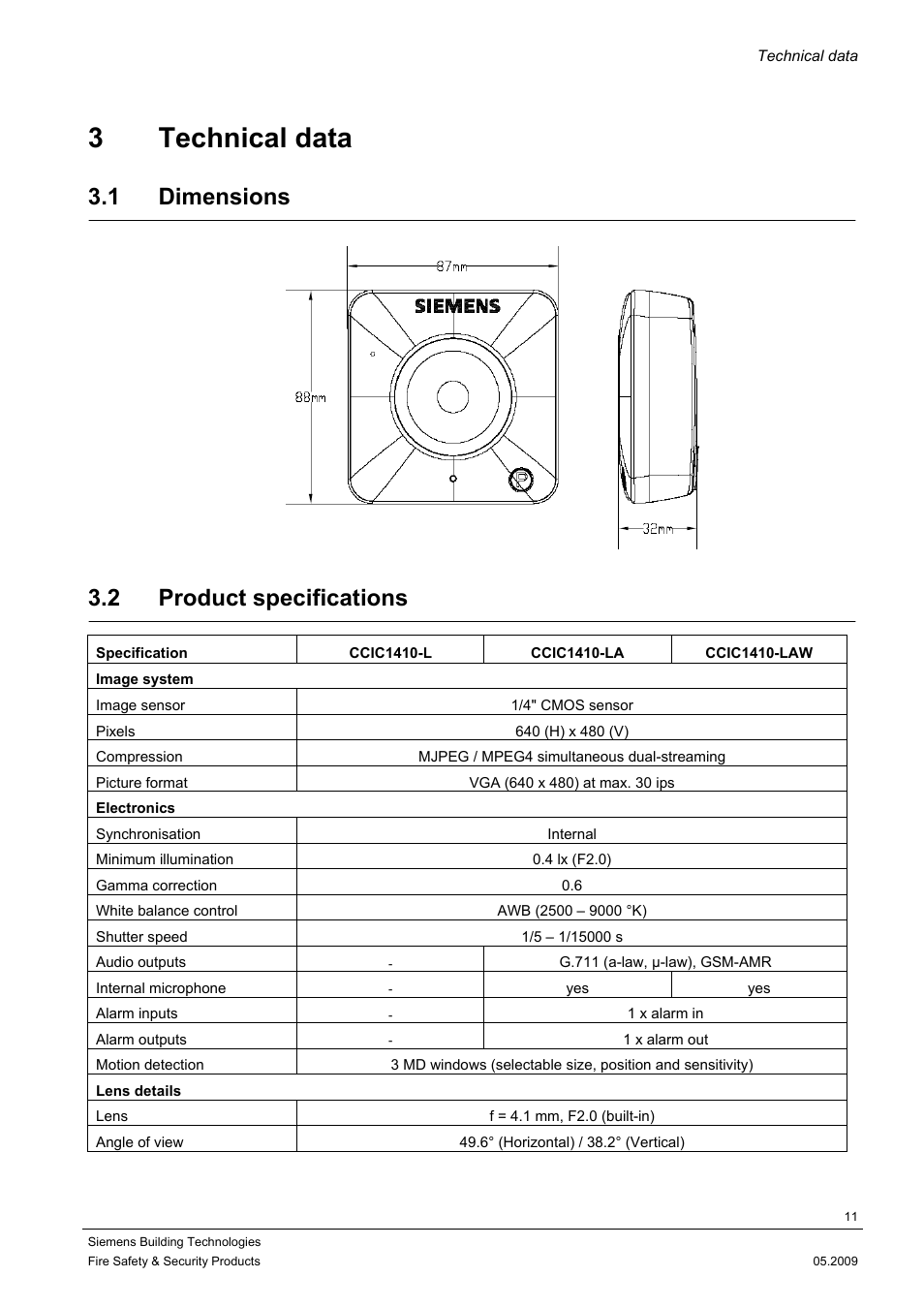 3 technical data, 1 dimensions, 2 product specifications | Siemens CCIC1410 User Manual | Page 11 / 96