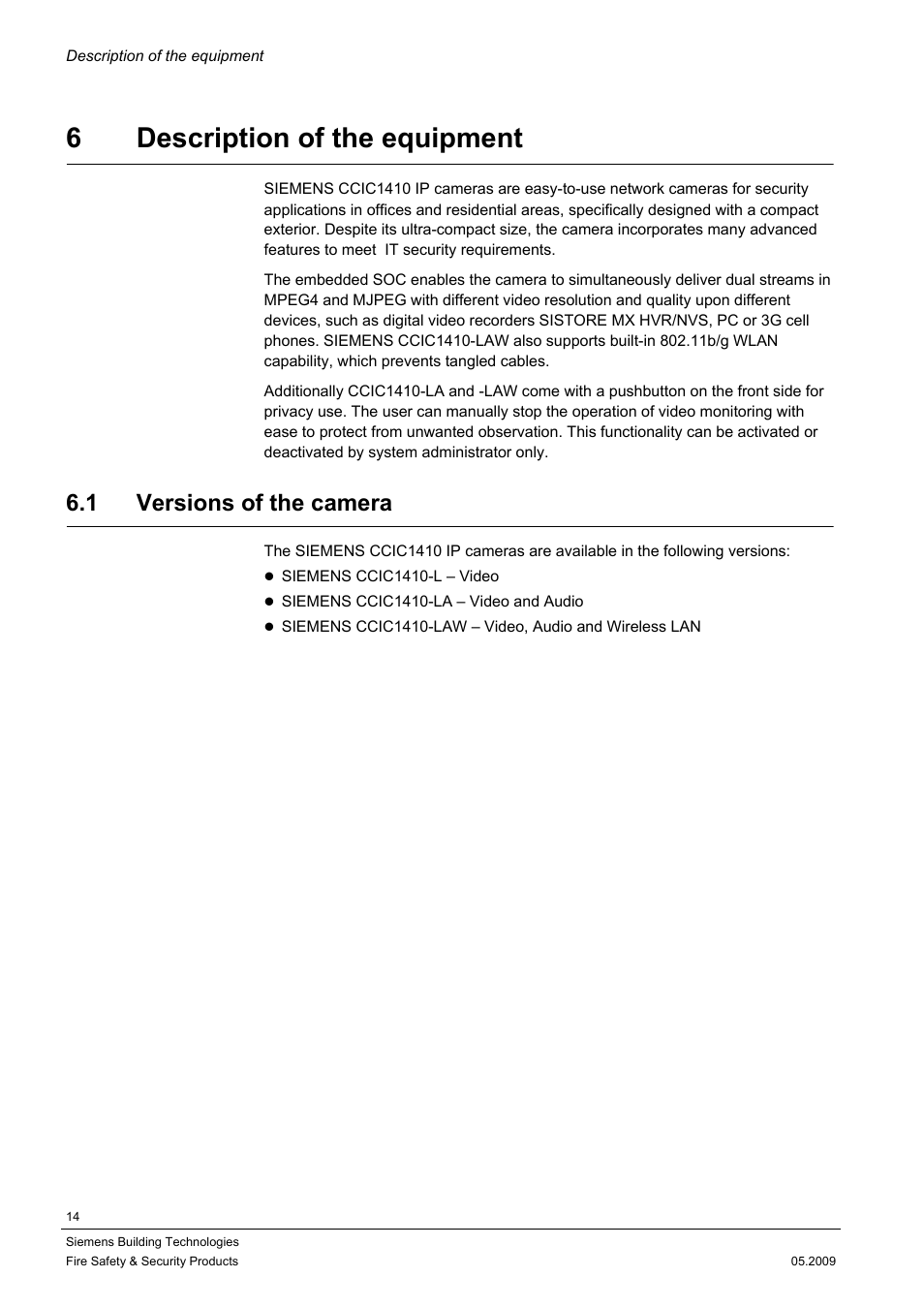 6 description of the equipment, 1 versions of the camera, 6description of the equipment | Siemens CCIC1410 User Manual | Page 14 / 96