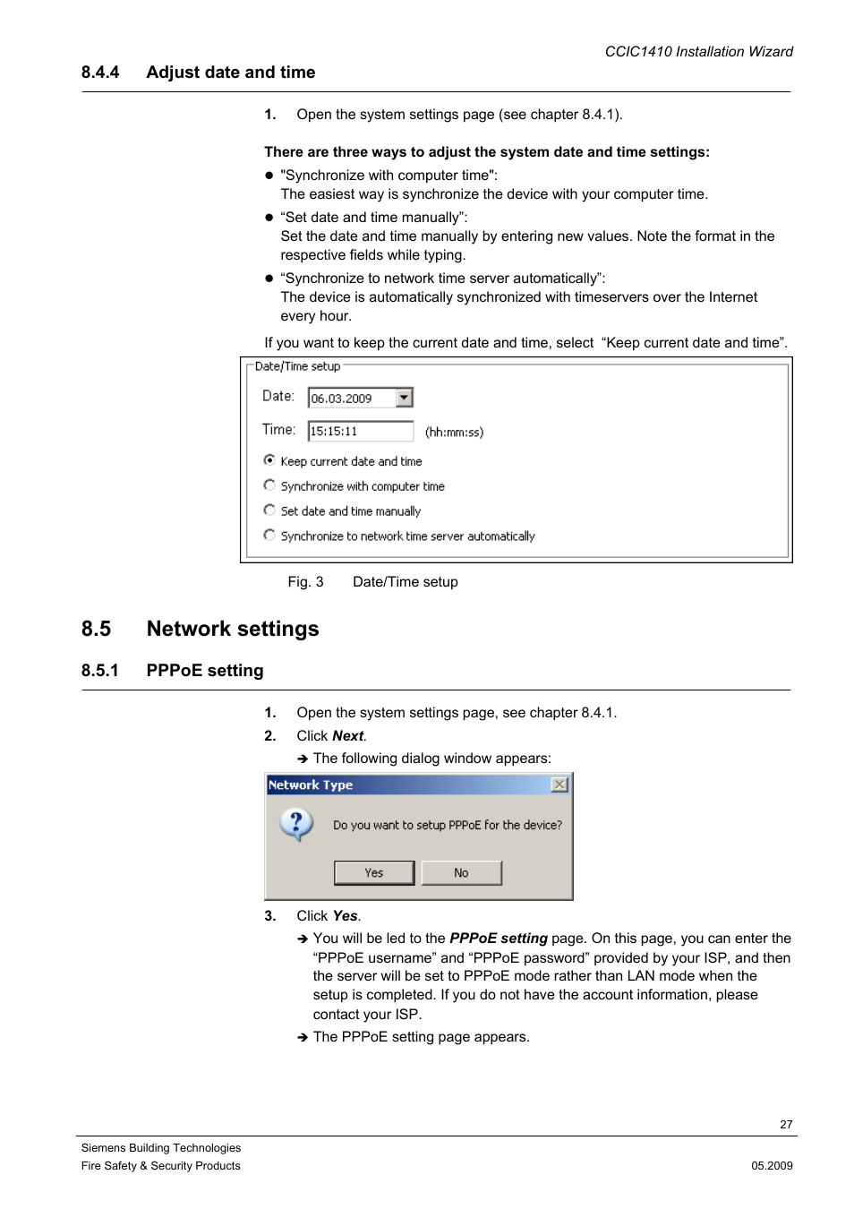 4 adjust date and time, 5 network settings, 1 pppoe setting | Siemens CCIC1410 User Manual | Page 27 / 96