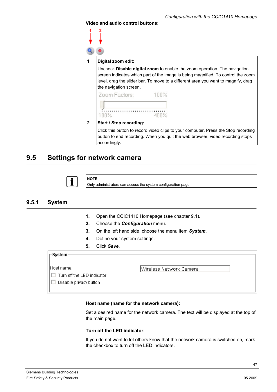 5 settings for network camera, 1 system | Siemens CCIC1410 User Manual | Page 47 / 96