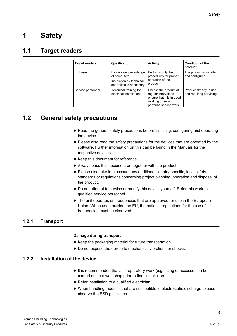 1 safety, 1 target readers, 2 general safety precautions | 1 transport, 2 installation of the device | Siemens CCIC1410 User Manual | Page 5 / 96