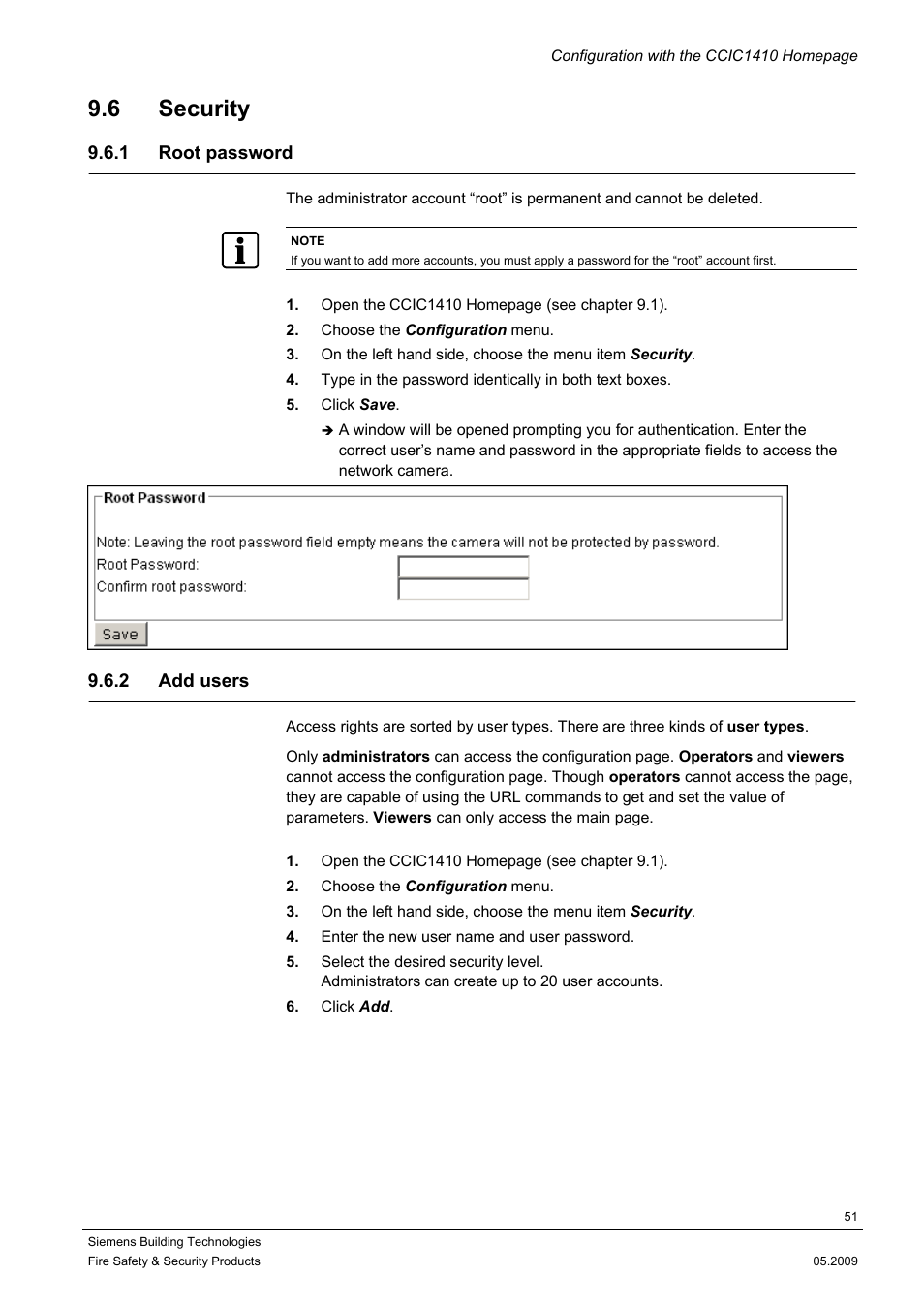 6 security, 1 root password, 2 add users | Siemens CCIC1410 User Manual | Page 51 / 96