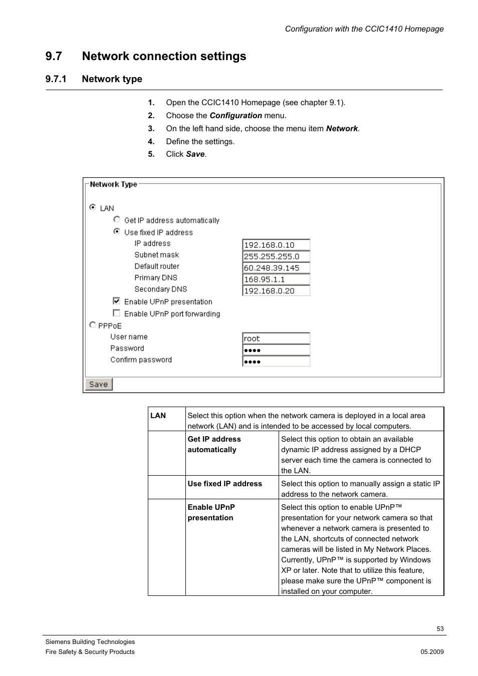 7 network connection settings, 1 network type | Siemens CCIC1410 User Manual | Page 53 / 96