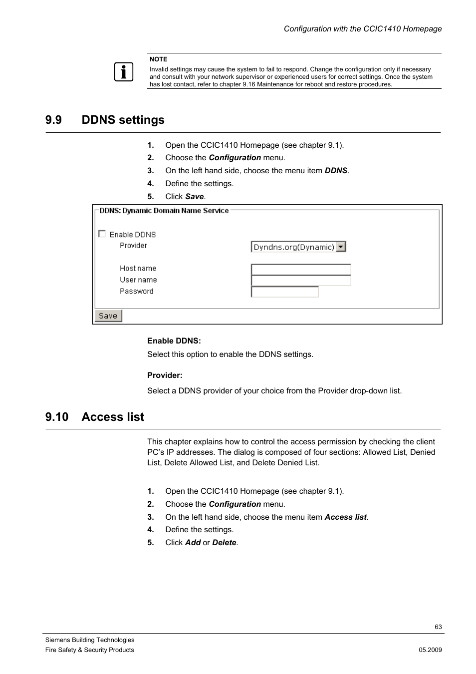 9 ddns settings, 10 access list | Siemens CCIC1410 User Manual | Page 63 / 96