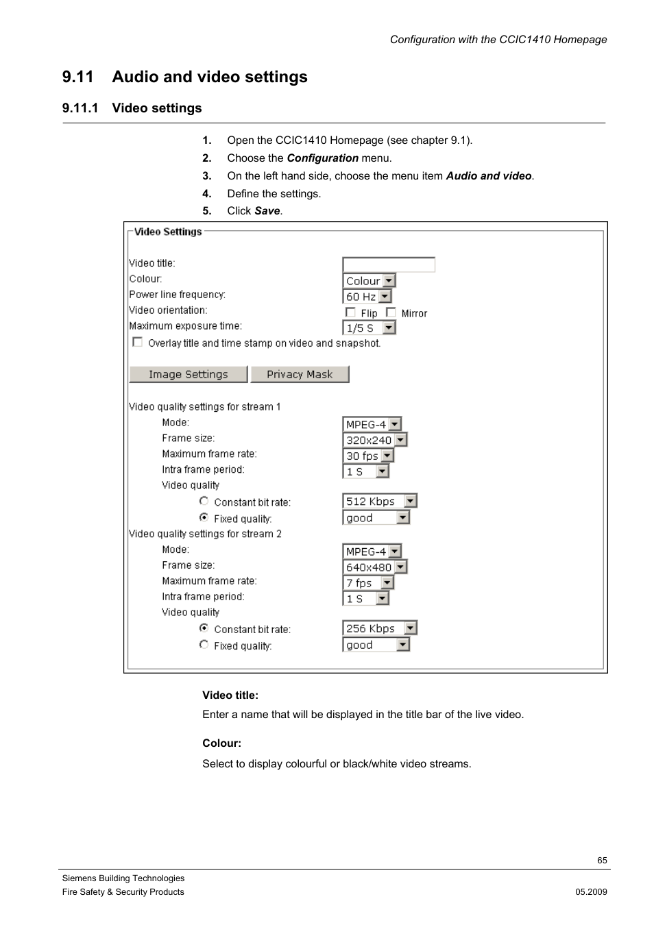 11 audio and video settings, 1 video settings | Siemens CCIC1410 User Manual | Page 65 / 96