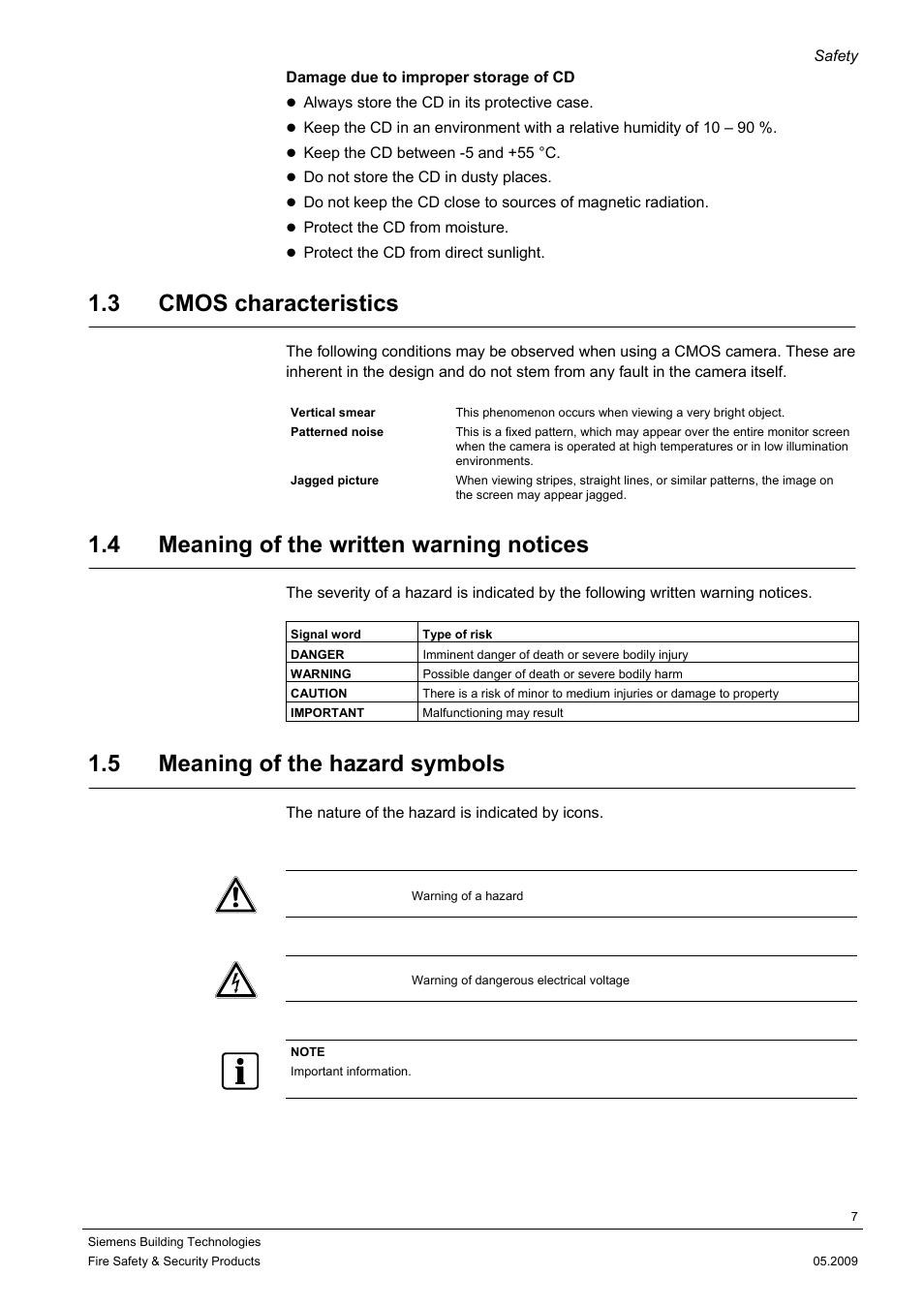 3 cmos characteristics, 4 meaning of the written warning notices, 5 meaning of the hazard symbols | Siemens CCIC1410 User Manual | Page 7 / 96