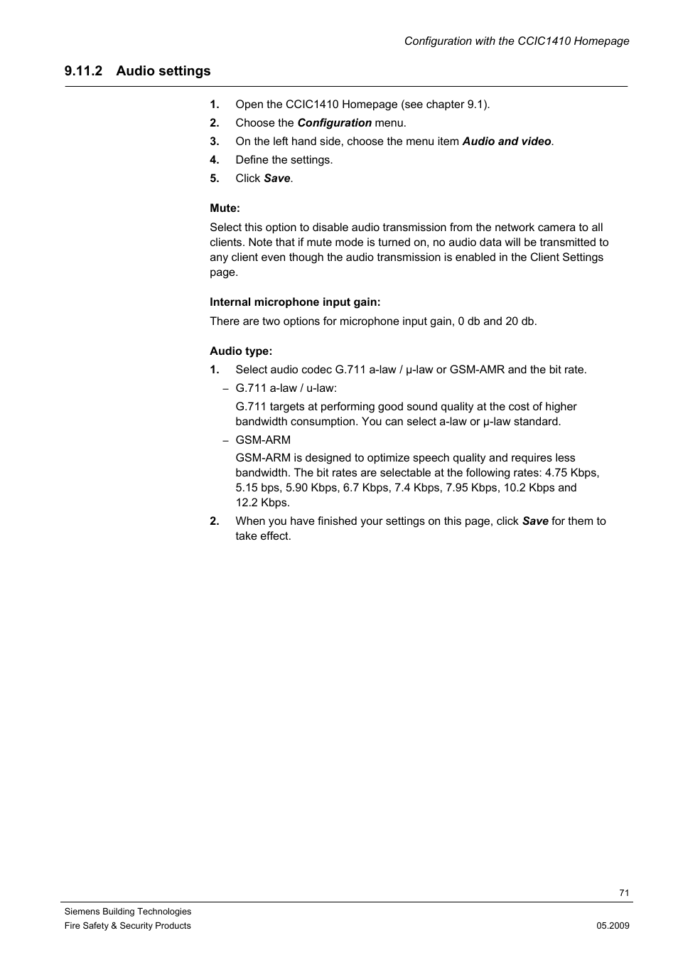 2 audio settings | Siemens CCIC1410 User Manual | Page 71 / 96