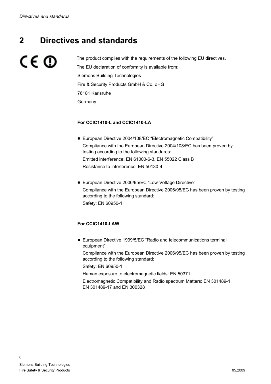 2 directives and standards, 2directives and standards | Siemens CCIC1410 User Manual | Page 8 / 96