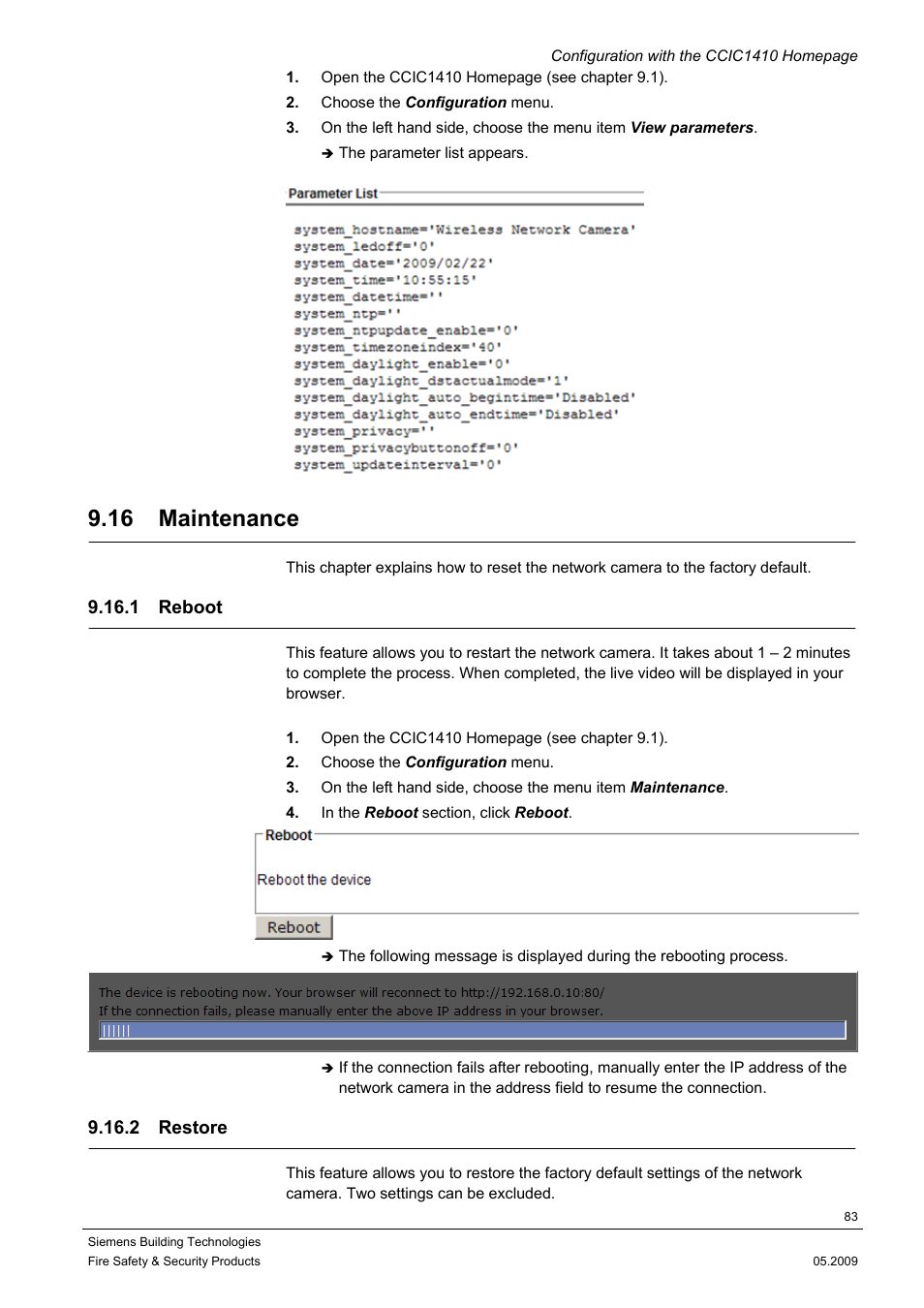 16 maintenance, 1 reboot, 2 restore | Siemens CCIC1410 User Manual | Page 83 / 96