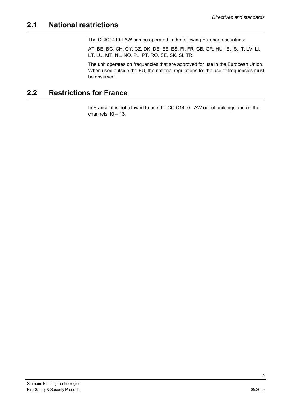 1 national restrictions, 2 restrictions for france | Siemens CCIC1410 User Manual | Page 9 / 96