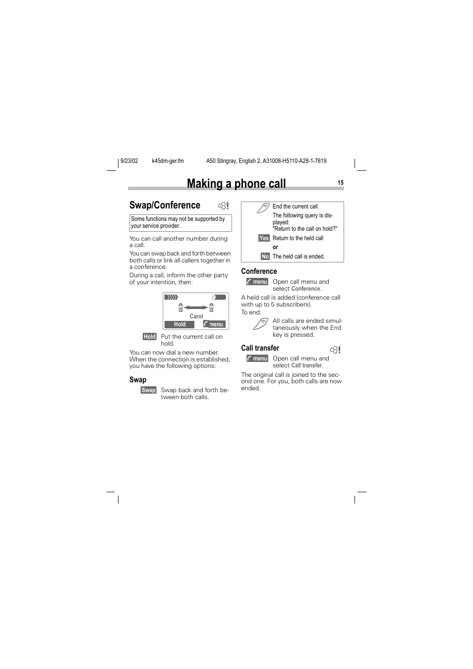 Making a phone call, Swap/conference | Siemens 1168 User Manual | Page 20 / 79