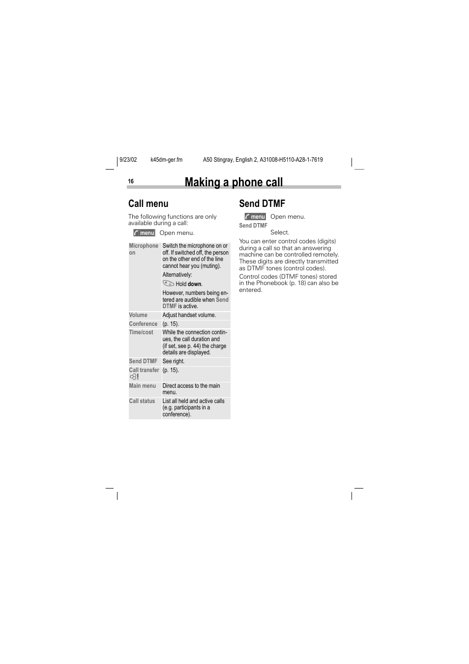 Making a phone call, Call menu, Send dtmf | Siemens 1168 User Manual | Page 21 / 79