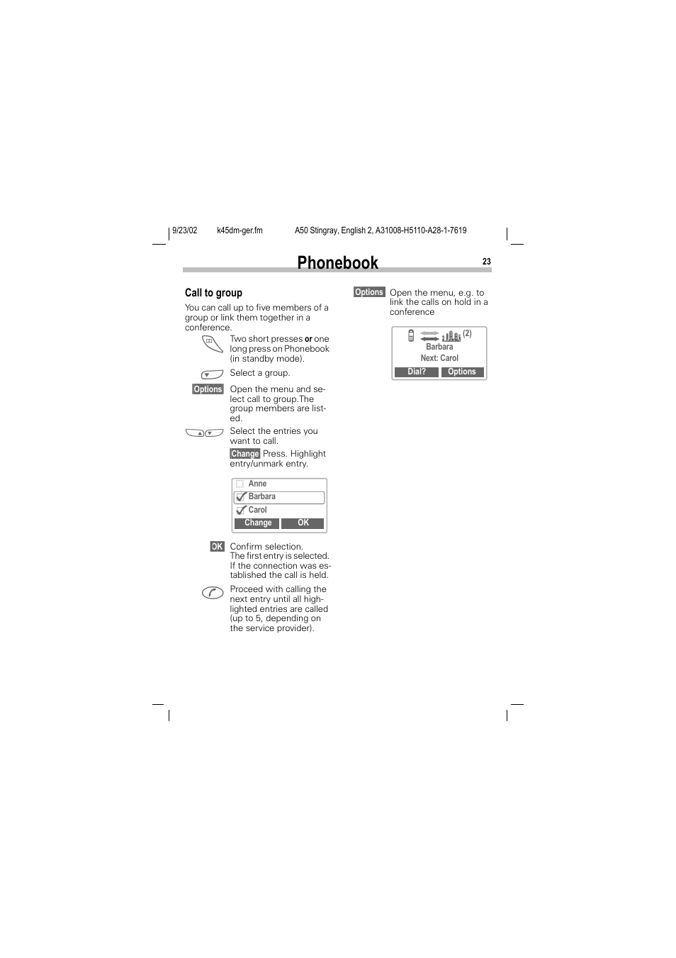 Phonebook | Siemens 1168 User Manual | Page 28 / 79