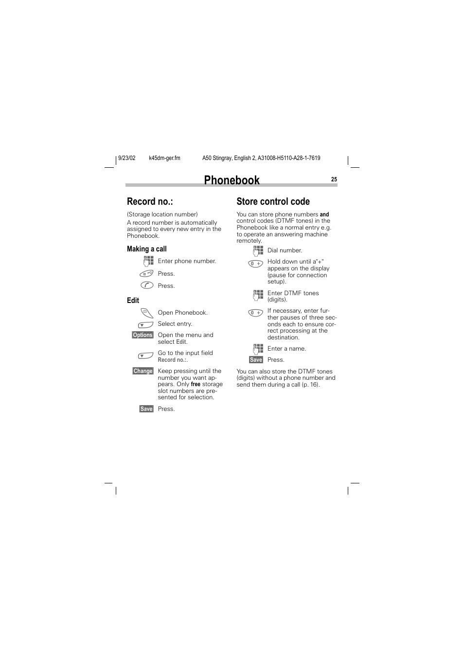 Phonebook, Record no, Store control code | Siemens 1168 User Manual | Page 30 / 79