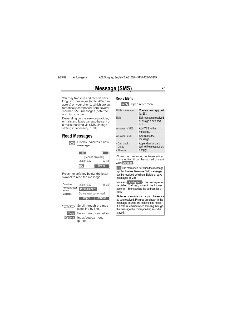 Message (sms), Read messages, Reply menu | Siemens 1168 User Manual | Page 32 / 79
