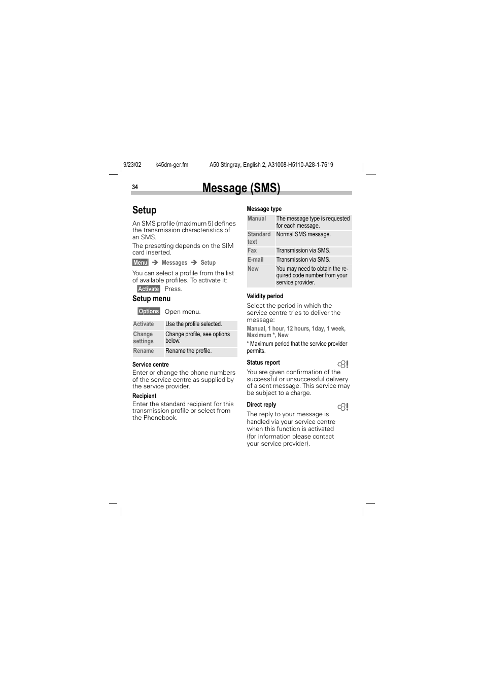 Message (sms), Setup | Siemens 1168 User Manual | Page 39 / 79