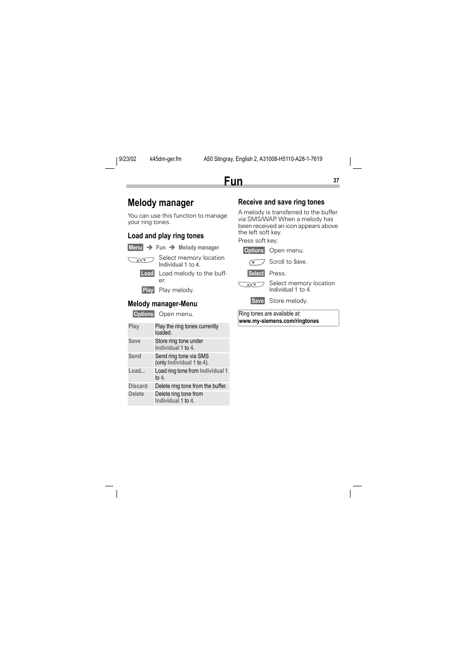 Melody manager | Siemens 1168 User Manual | Page 42 / 79