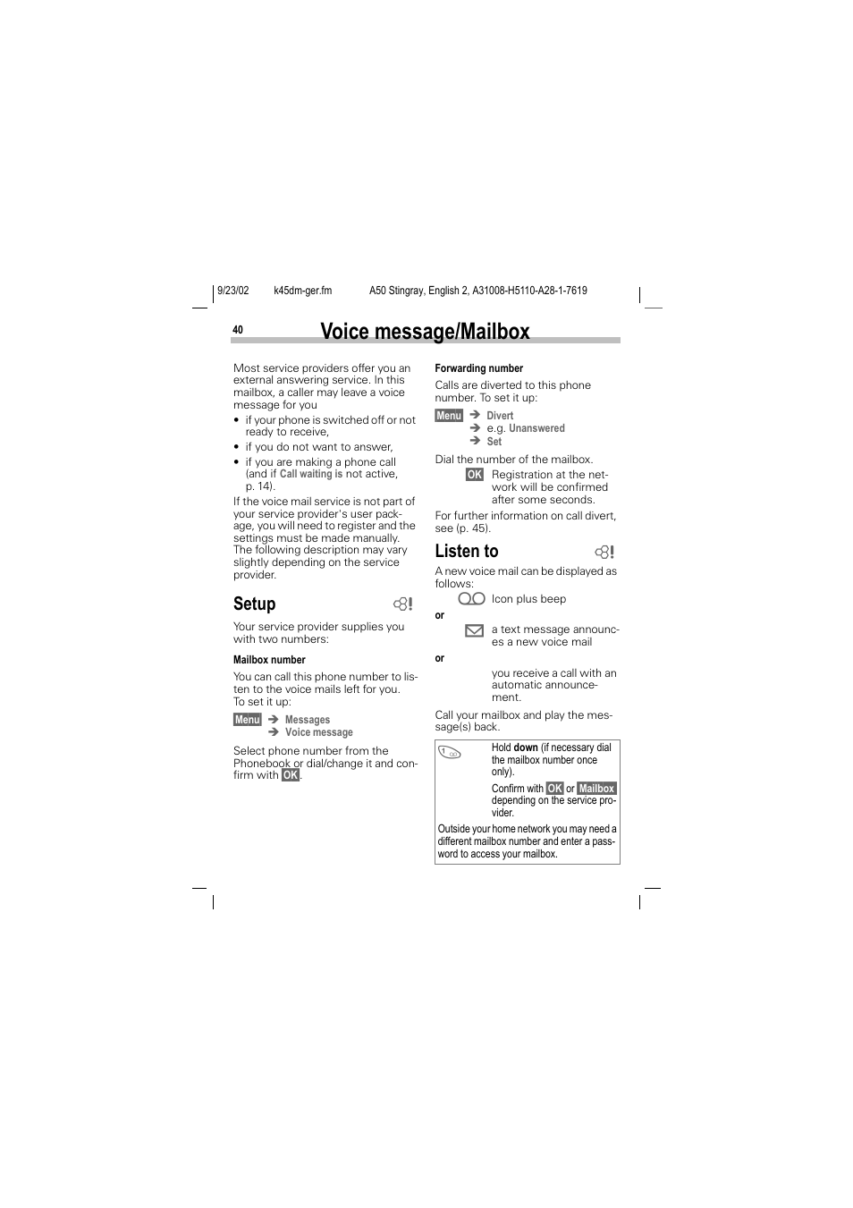 Voice message/mailbox, Setup, Listen to | Siemens 1168 User Manual | Page 45 / 79