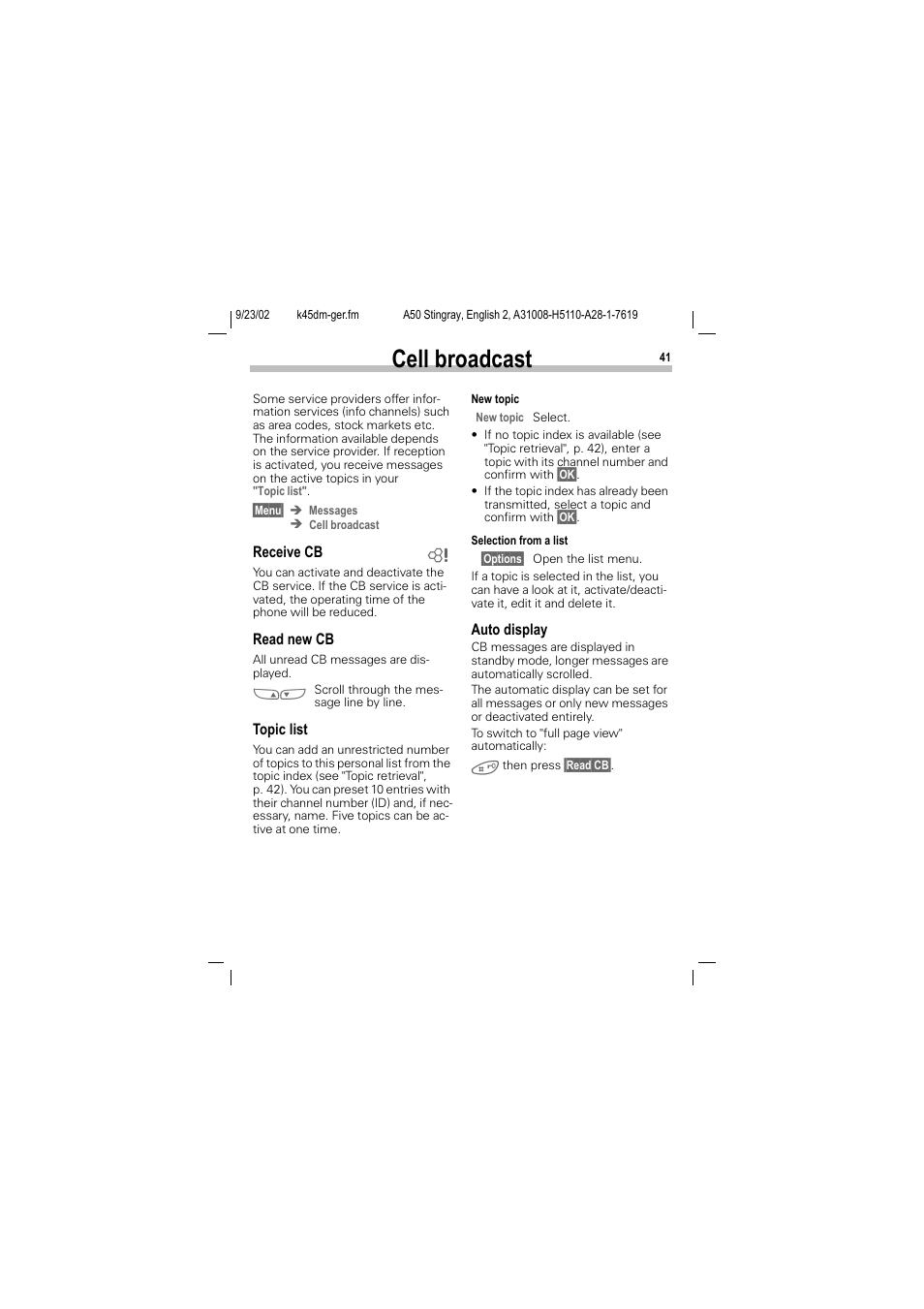 Cell broadcast | Siemens 1168 User Manual | Page 46 / 79