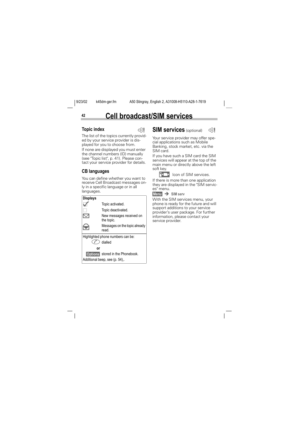 Cell broadcast/sim services, Sim services | Siemens 1168 User Manual | Page 47 / 79