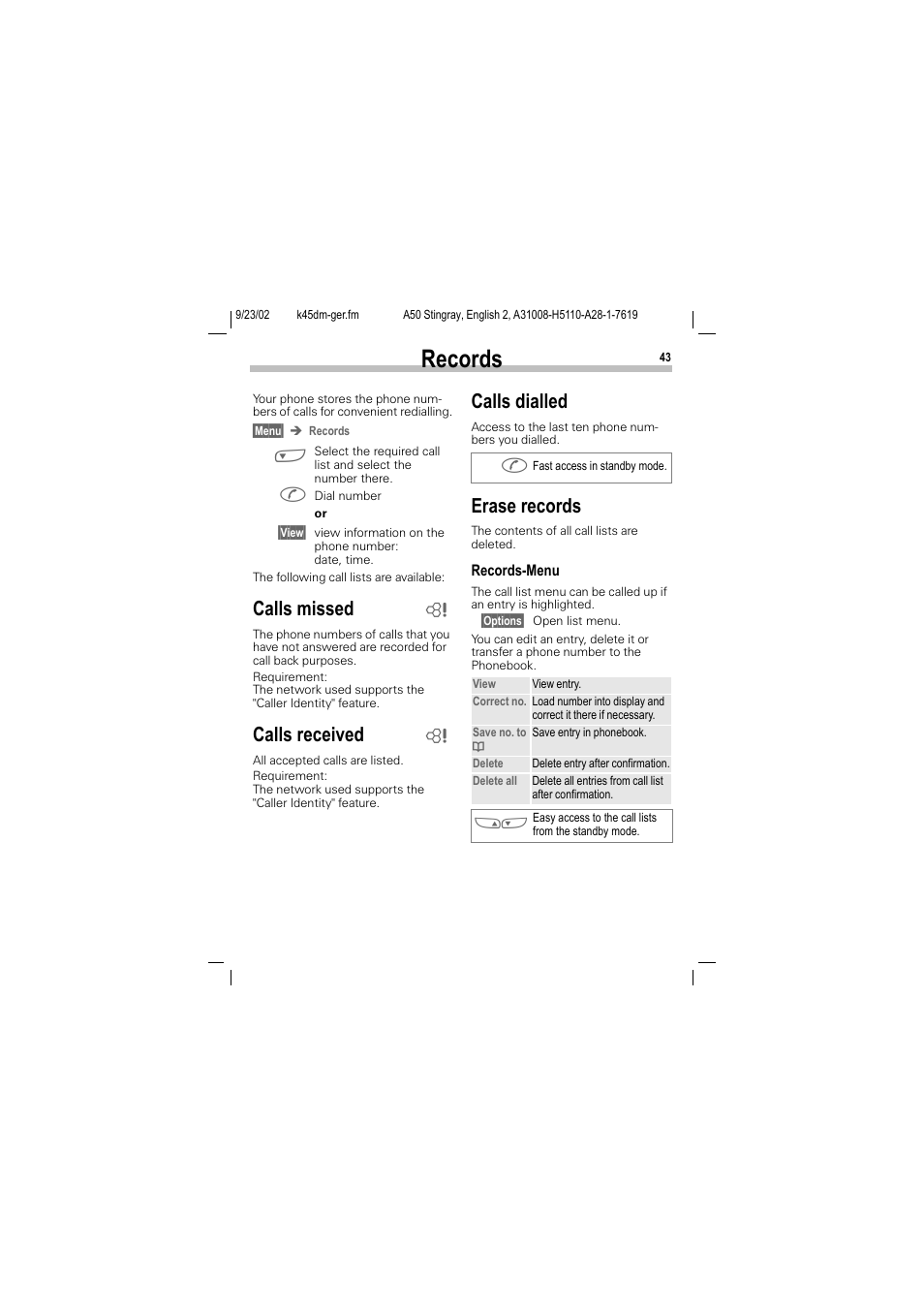 Records, Calls missed, Calls received | Calls dialled, Erase records | Siemens 1168 User Manual | Page 48 / 79