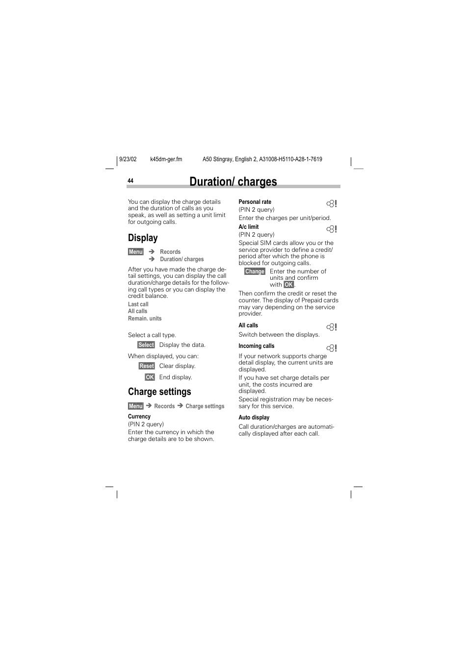 Duration/ charges, Display, Charge settings | Siemens 1168 User Manual | Page 49 / 79