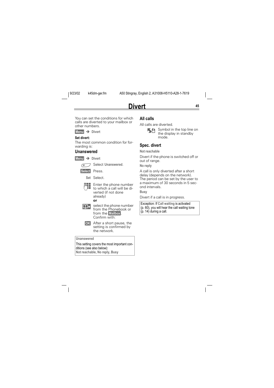 Divert | Siemens 1168 User Manual | Page 50 / 79