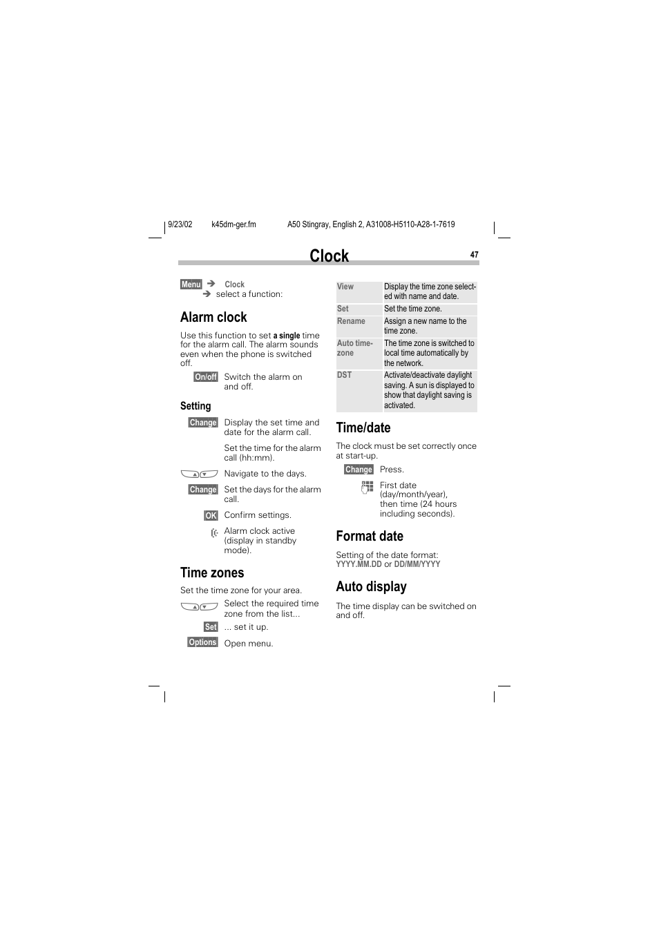 Clock, Alarm clock, Time zones | Time/date, Format date, Auto display | Siemens 1168 User Manual | Page 52 / 79