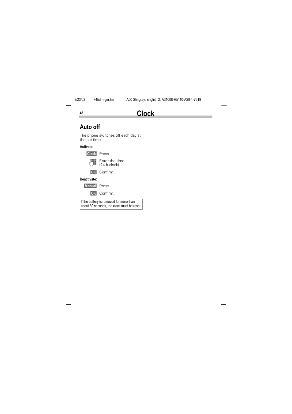 Clock, Auto off | Siemens 1168 User Manual | Page 53 / 79