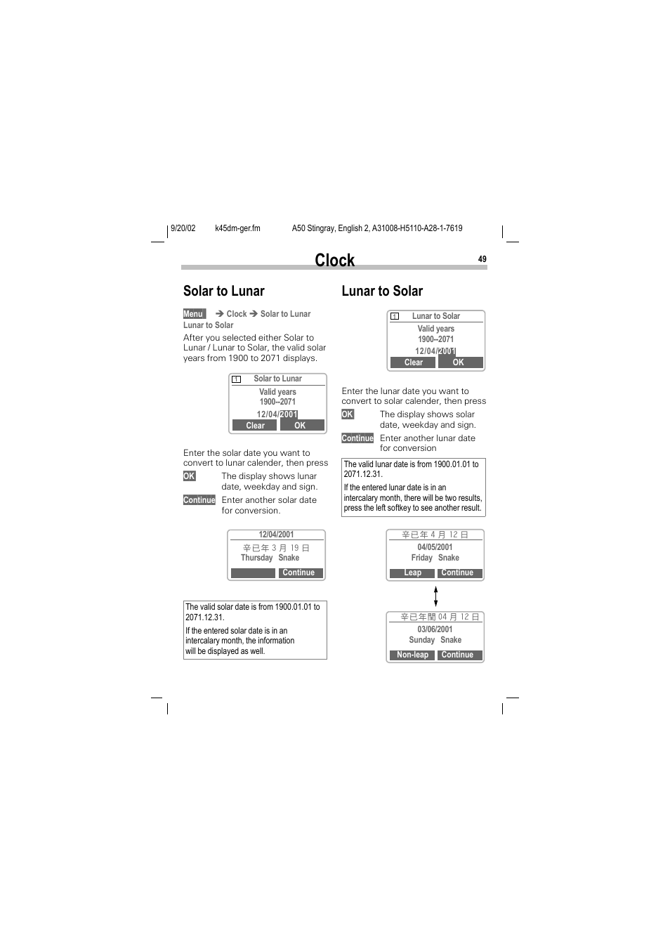 Clock, Solar to lunar, Lunar to solar | Siemens 1168 User Manual | Page 54 / 79