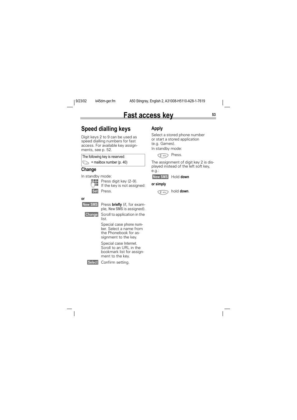 Fast access key, Speed dialling keys | Siemens 1168 User Manual | Page 58 / 79