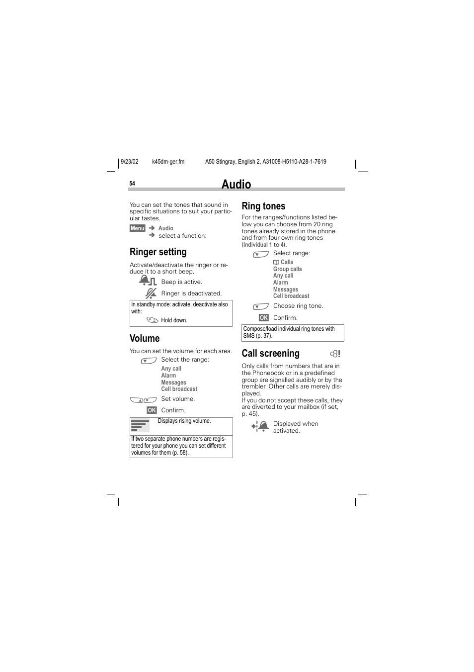 Audio, Ringer setting, Volume | Ring tones, Call screening | Siemens 1168 User Manual | Page 59 / 79