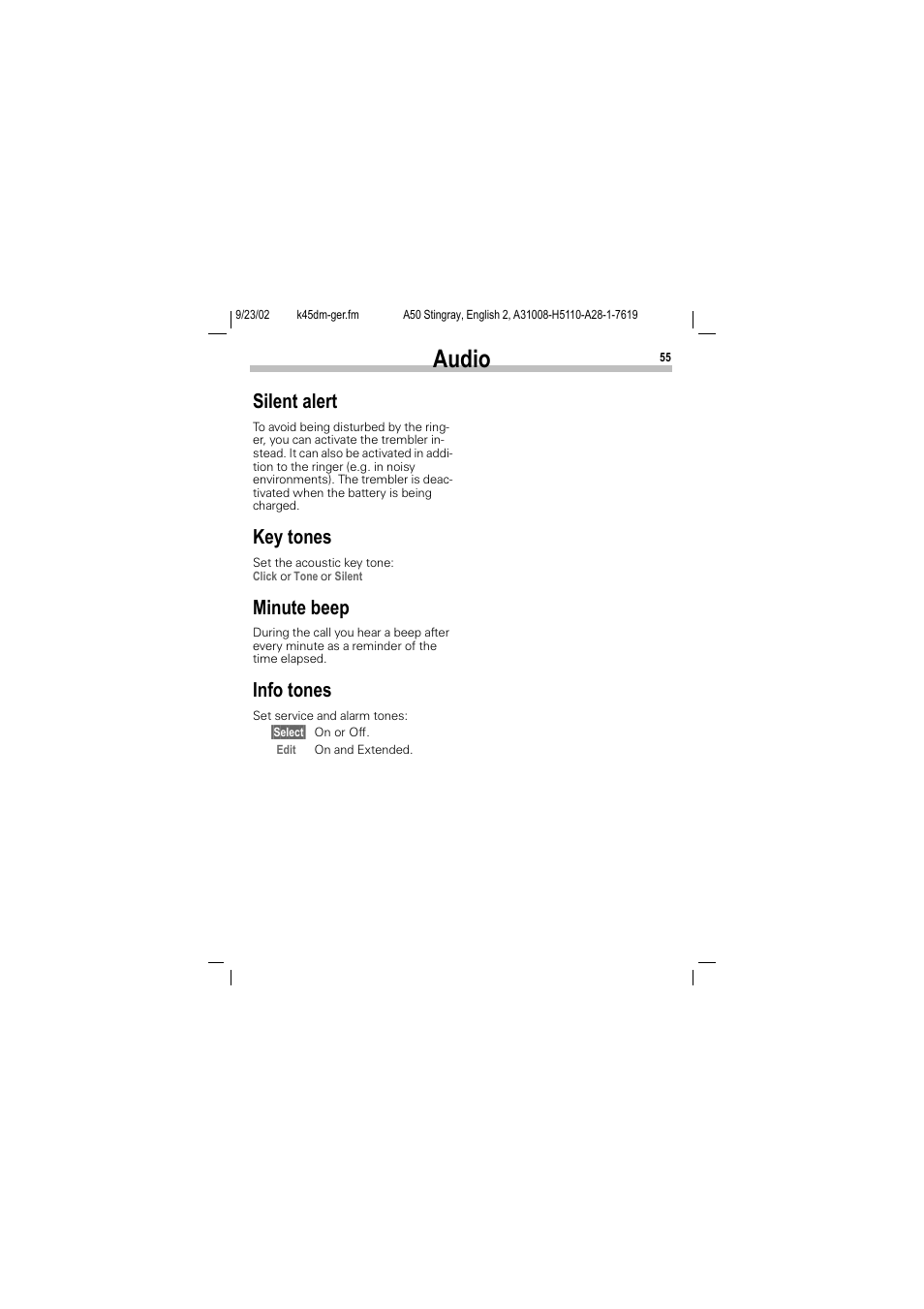Audio, Silent alert, Key tones | Minute beep, Info tones | Siemens 1168 User Manual | Page 60 / 79