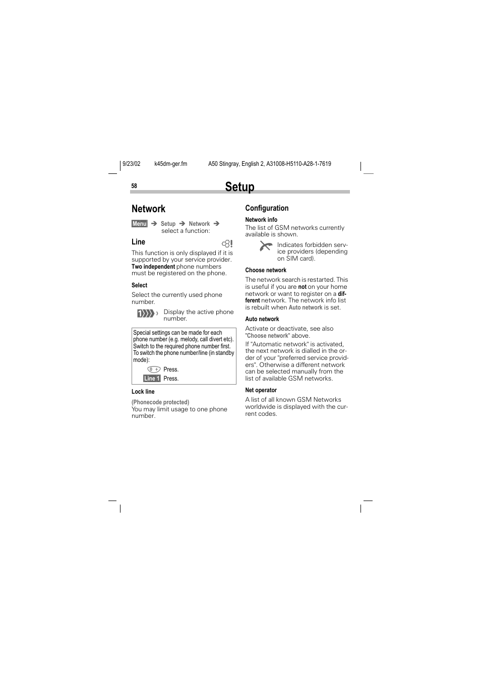 Setup, Network | Siemens 1168 User Manual | Page 63 / 79