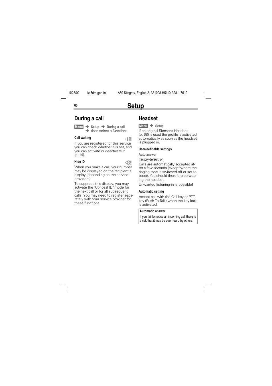 Setup, During a call, Headset | Siemens 1168 User Manual | Page 65 / 79