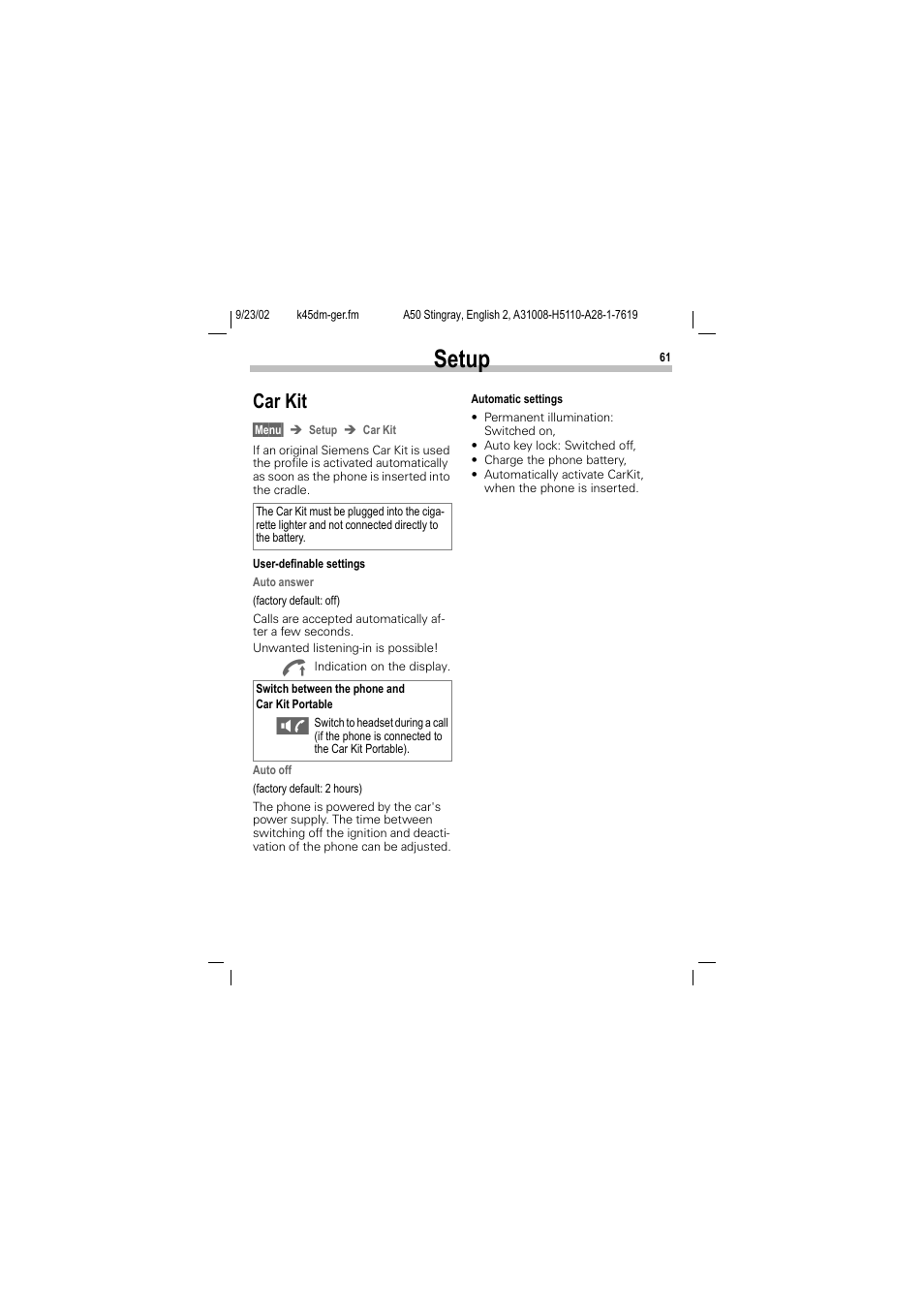 Setup, Car kit | Siemens 1168 User Manual | Page 66 / 79