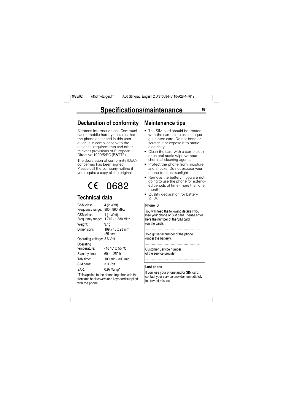 Specifications/maintenance, Declaration of conformity, Technical data | Maintenance tips | Siemens 1168 User Manual | Page 72 / 79