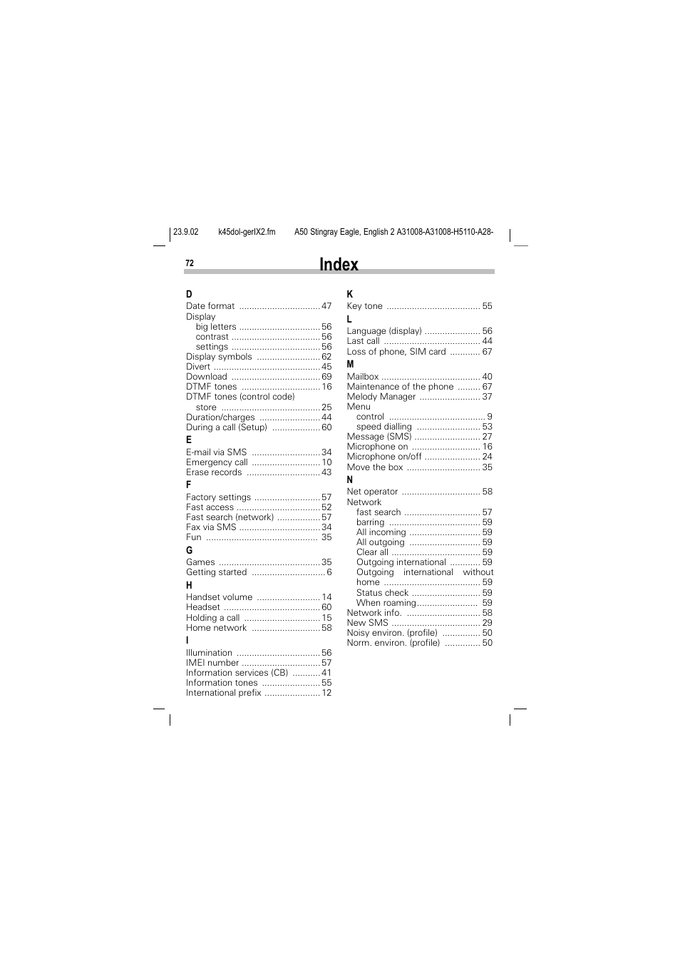 Index | Siemens 1168 User Manual | Page 77 / 79