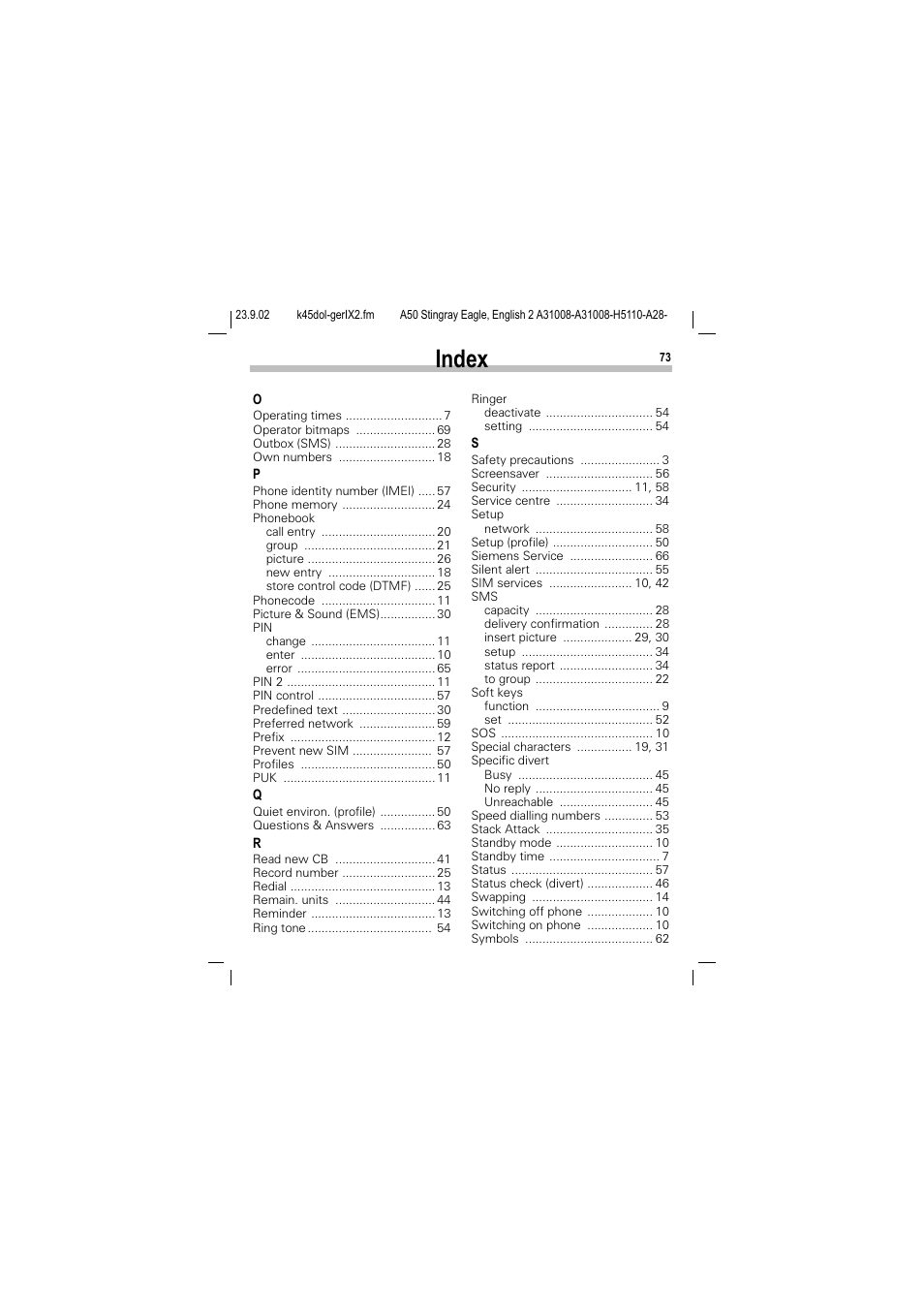 Index | Siemens 1168 User Manual | Page 78 / 79