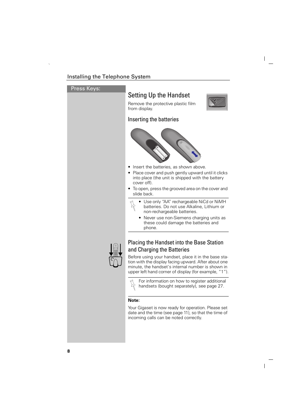 Setting up the handset, Inserting the batteries | Siemens GIGASET C88 User Manual | Page 10 / 42