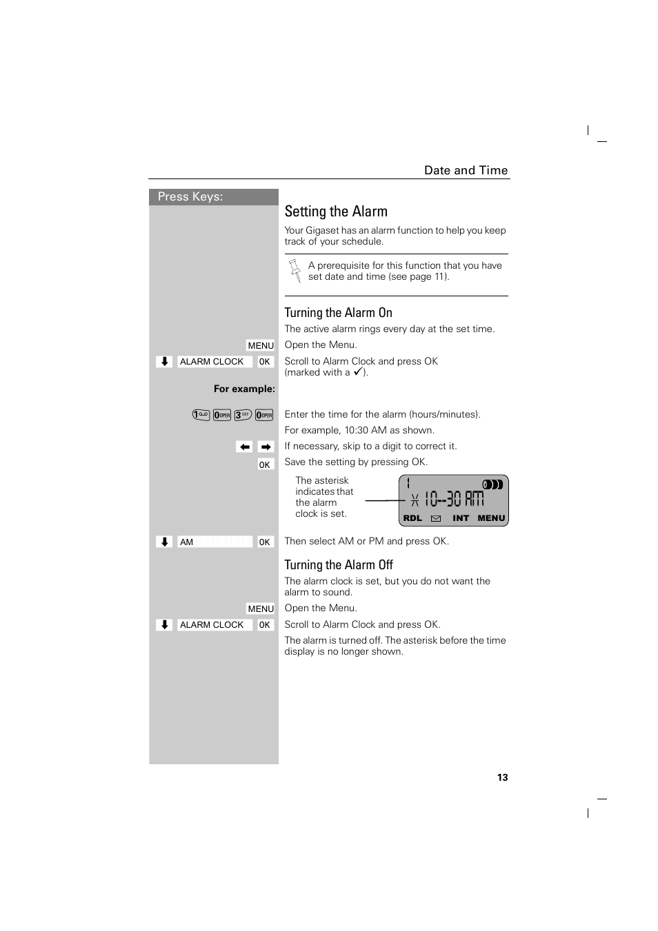 Setting the alarm, Turning the alarm on, Turning the alarm off | 10 am | Siemens GIGASET C88 User Manual | Page 15 / 42