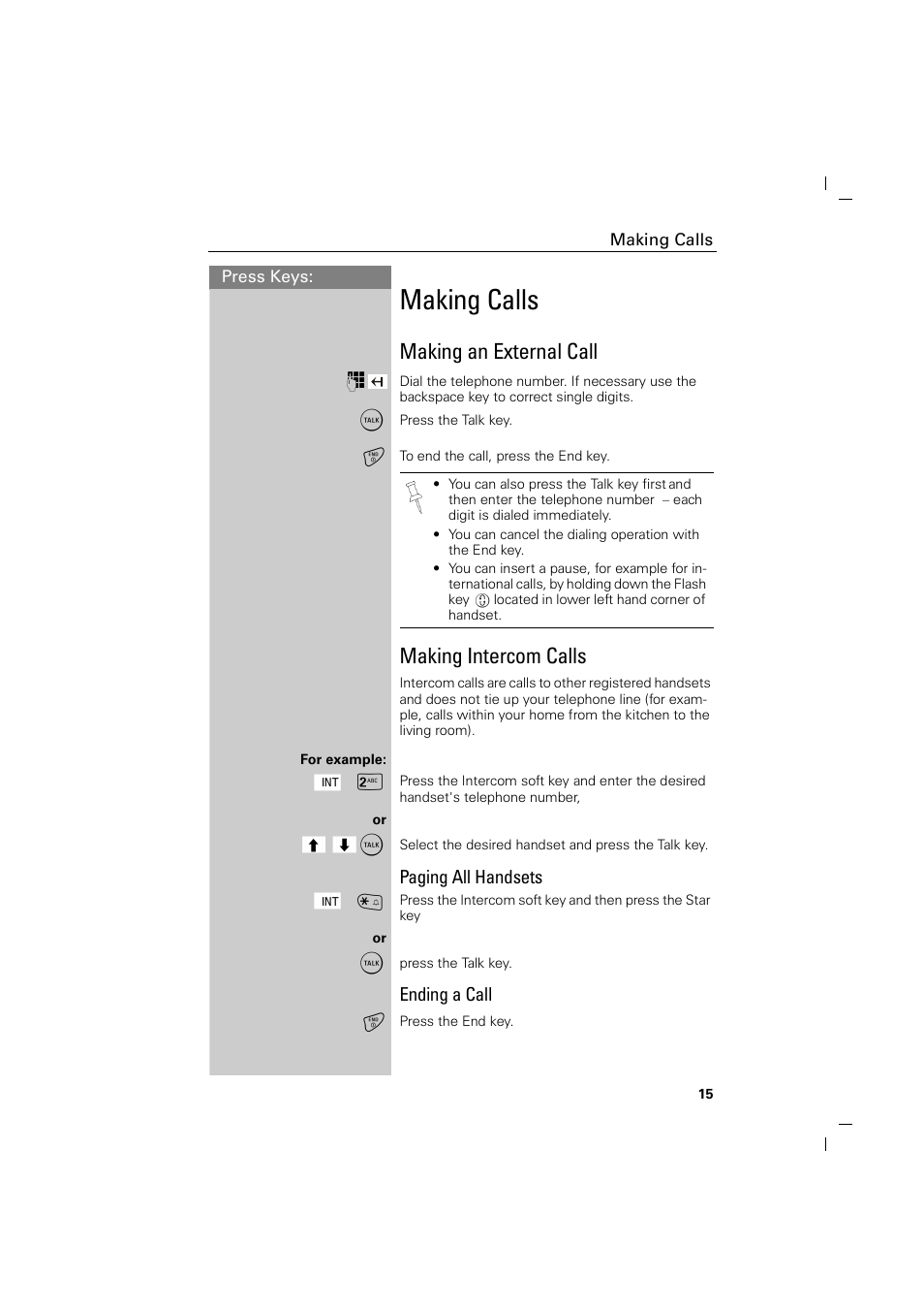 Making calls, Making an external call, Making intercom calls | Paging all handsets, Ending a call | Siemens GIGASET C88 User Manual | Page 17 / 42