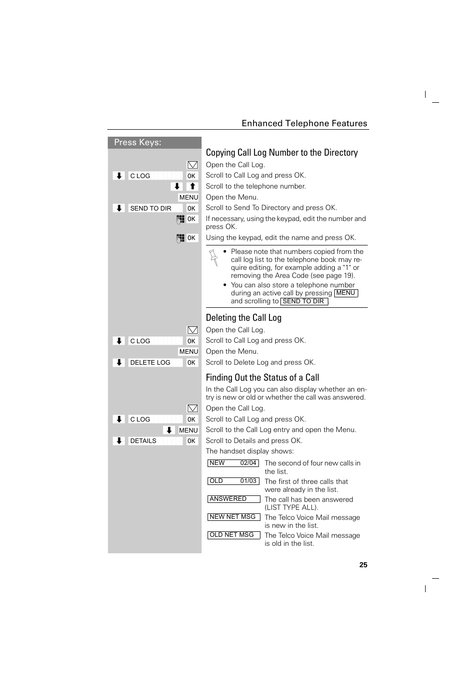 Copying call log number to the directory, Deleting the call log, Finding out the status of a call | Siemens GIGASET C88 User Manual | Page 27 / 42