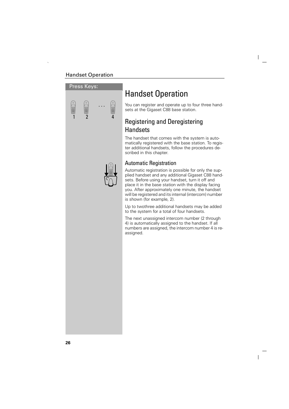 Handset operation, Registering and deregistering handsets, Automatic registration | Siemens GIGASET C88 User Manual | Page 28 / 42