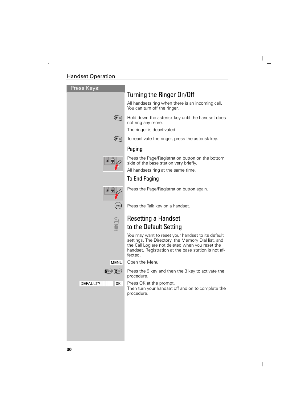 Turning the ringer on/off, Paging, To end paging | Resetting a handset to the default setting | Siemens GIGASET C88 User Manual | Page 32 / 42