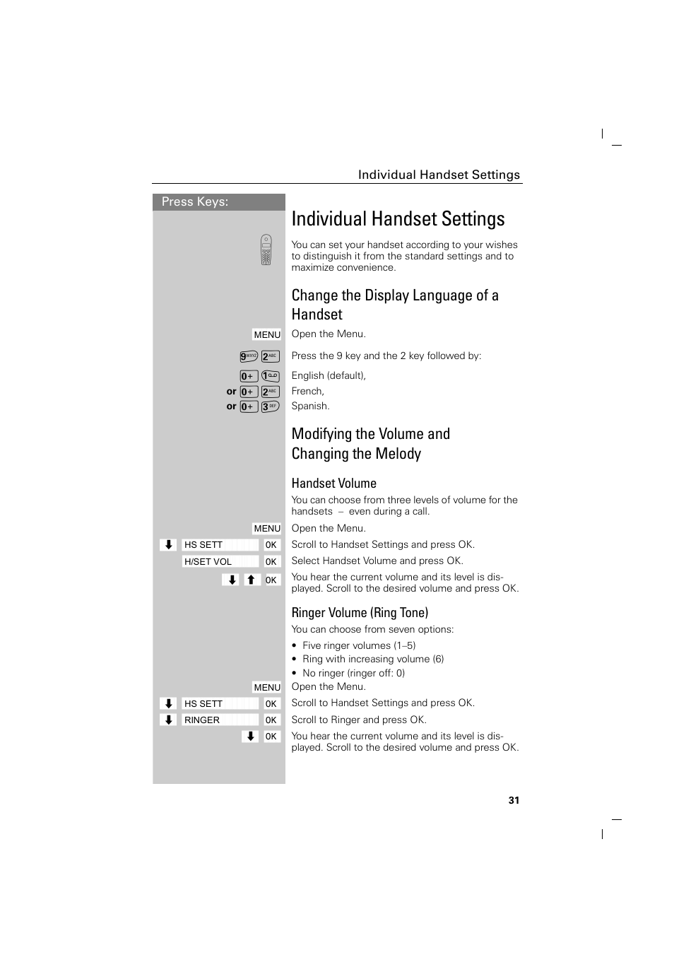 Individual handset settings, Change the display language of a handset, Modifying the volume and changing the melody | Handset volume, Ringer volume (ring tone) | Siemens GIGASET C88 User Manual | Page 33 / 42