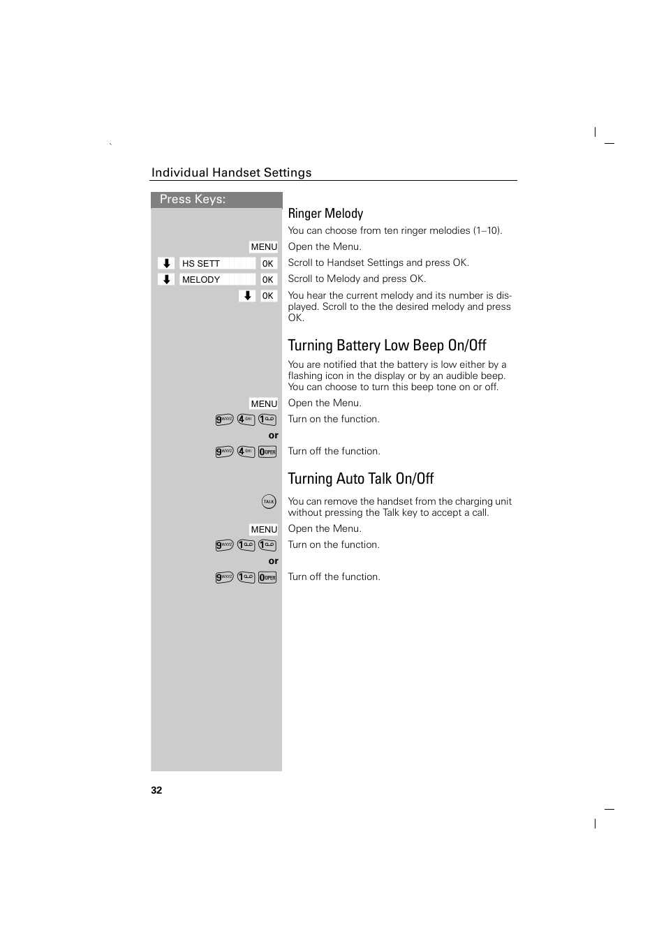 Ringer melody, Turning battery low beep on/off, Turning auto talk on/off | Siemens GIGASET C88 User Manual | Page 34 / 42