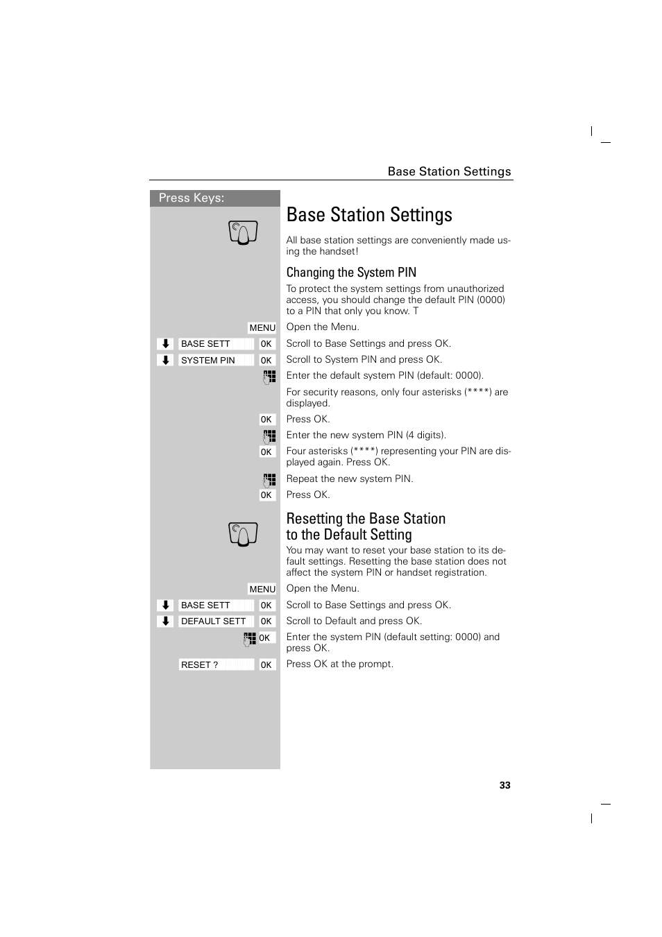 Base station settings, Changing the system pin, Resetting the base station to the default setting | Siemens GIGASET C88 User Manual | Page 35 / 42