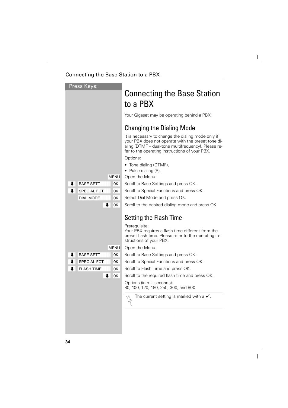 Connecting the base station to a pbx, Changing the dialing mode, Setting the flash time | Connecting the base station to a pbx | Siemens GIGASET C88 User Manual | Page 36 / 42