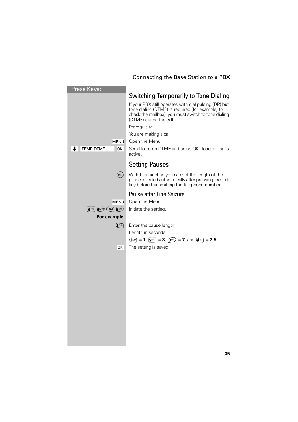 Switching temporarily to tone dialing, Setting pauses, Pause after line seizure | Siemens GIGASET C88 User Manual | Page 37 / 42